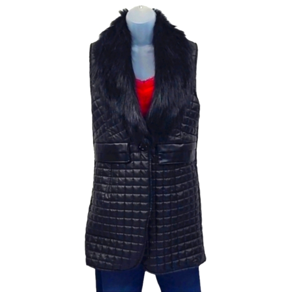 Wenxi Quilted Puffer Mid Length Faux Fur Vest Pockets Button Sleeveless Jacket